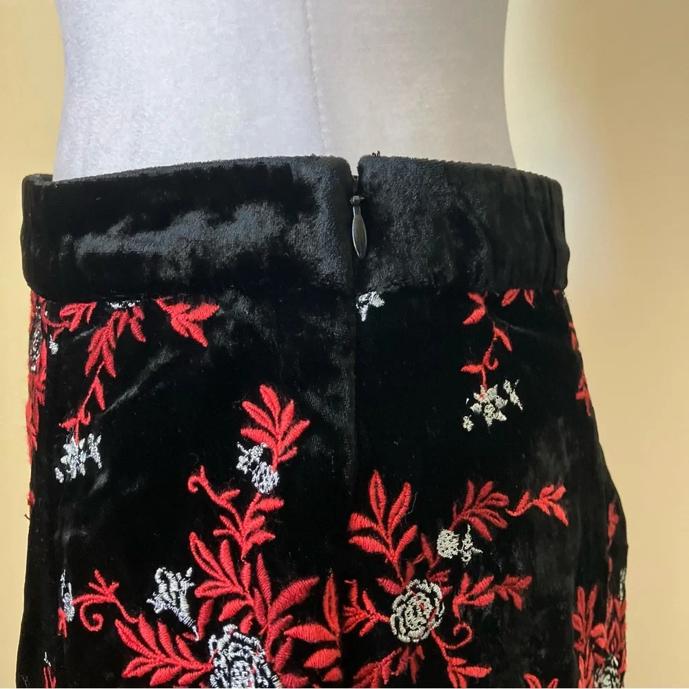 Maeve by Anthropologie Black Velvet Red Floral Embroidery Pencil Fringe Skirt - Picture 7 of 13